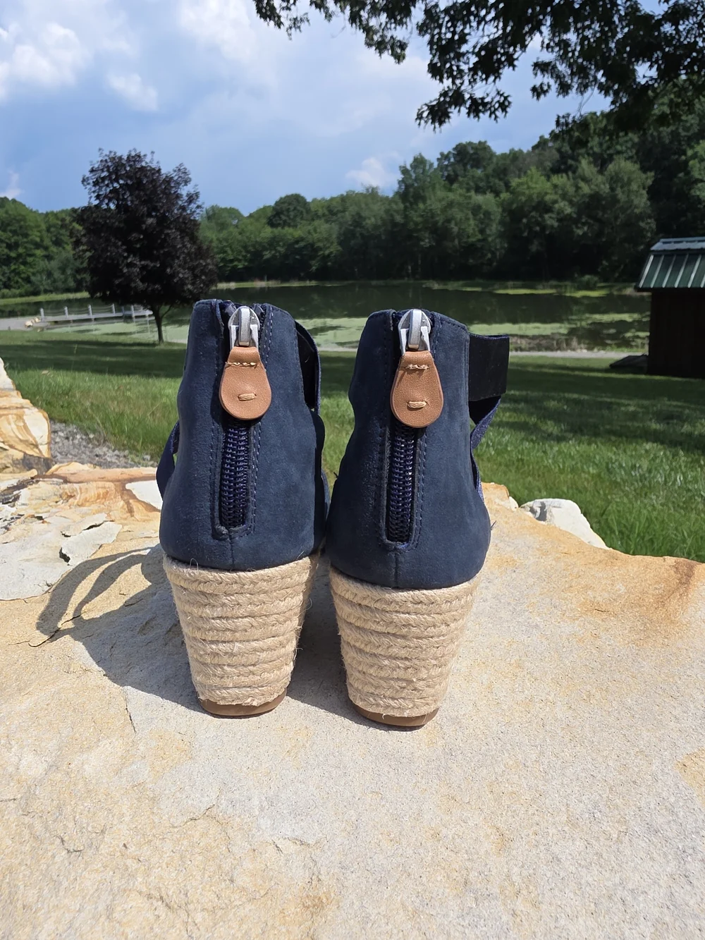 Kenneth Cole Navy Suede Espadrille Wedge with Ankle Wrap Size 7 Zip Back